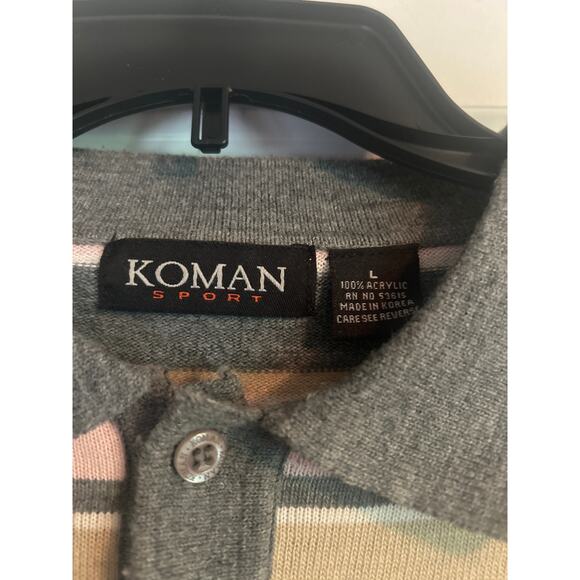 GUC Koman Sport Men's Collared 3 Button Green/Pink Stripe Sweater Size Large - Picture 2 of 5